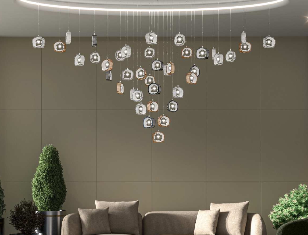 Large cascade glittering eye ceiling installation for the lobby or living room